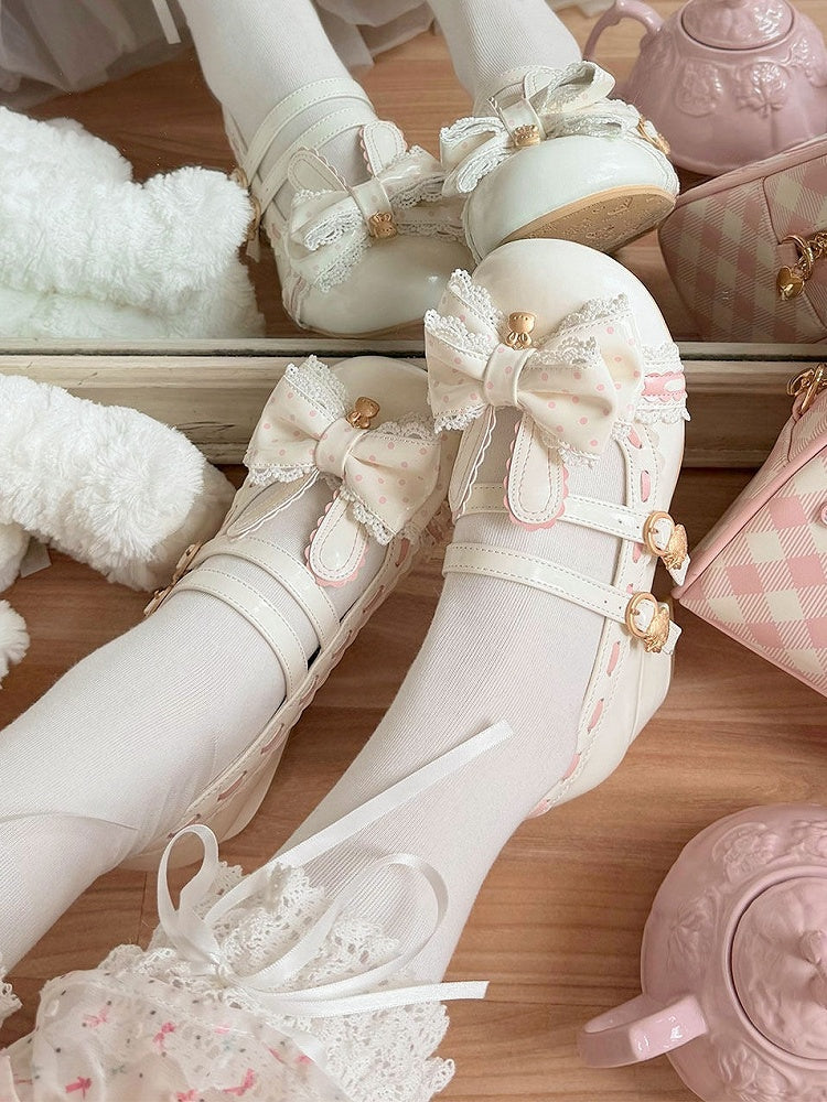 PU Bow White Heeled Lolita Bunny 4.2cm Shoes Sweet Decor in Strawberry - Buckle