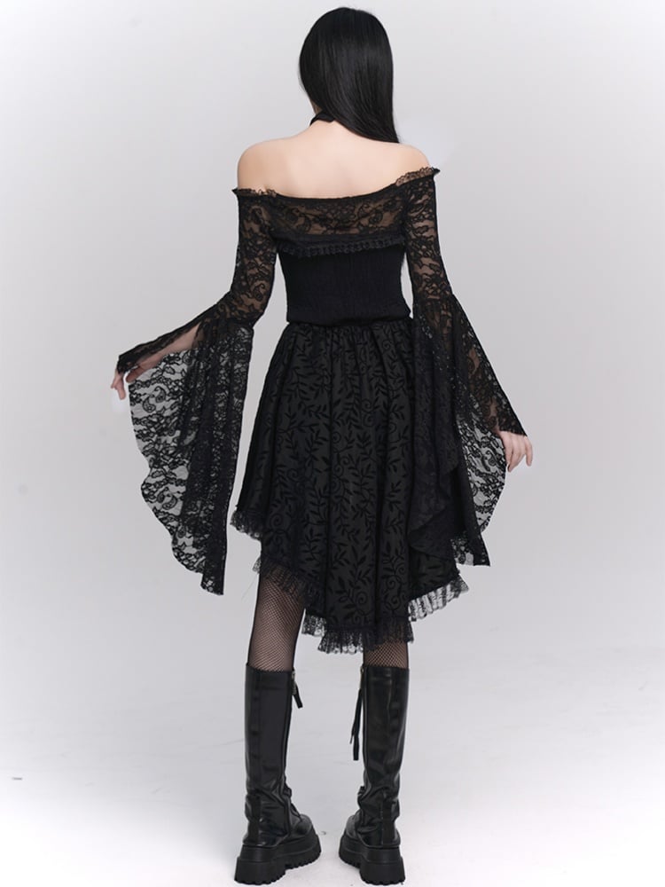 Black Gothic Off-the-shoulder Ruffled Lace High-low Neckline Dress