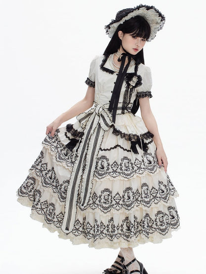 White Blouse Trim Black Lolita Pattern Scalloped Edge with Skirt Puff + Elegant Layered Rabbit Sleeves Set