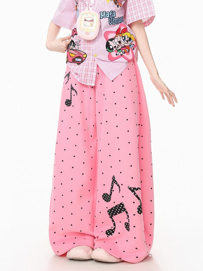 Pink Polka-Dot Wide-Leg Pants with Music Notes - Languid Park