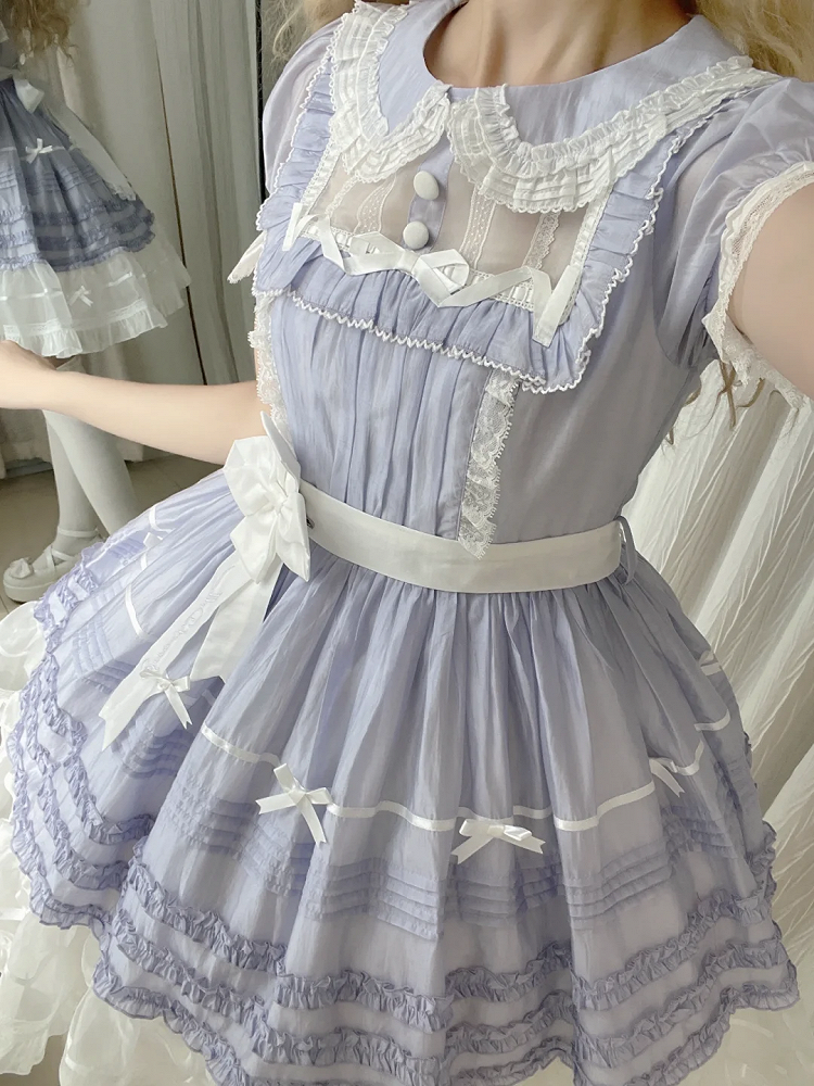 Sleeves Dress Lolita Peter Pan Short White Purple and Collar