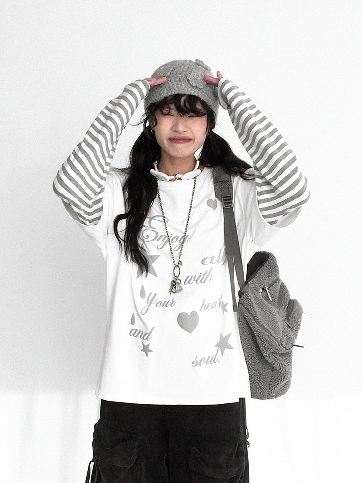 Round Grey Neck White Two-piece Sleeve - Top Long