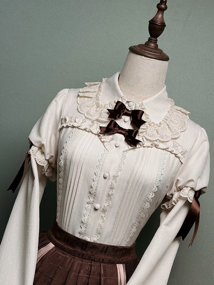 Blouse and Brown Accents Sleeves with Lace Juliette Lolita Beige Bow Trim