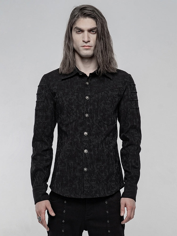 Chemise noire homme à manches longues élastique et jacquard style punk