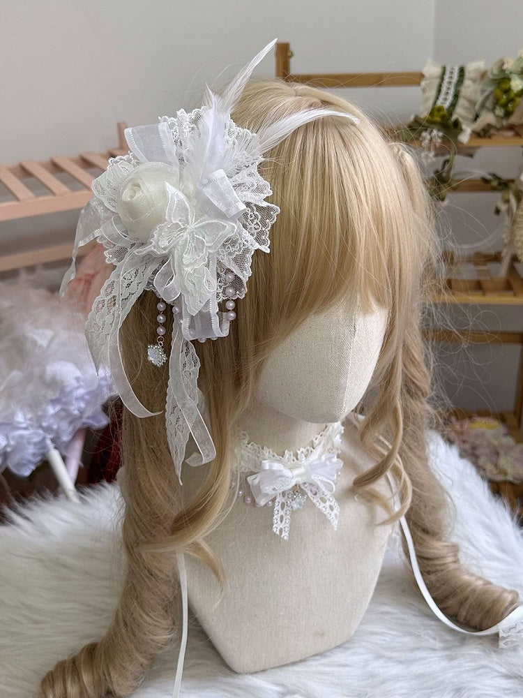 Feather Hairclip Lolita Lace and with Accents White/Black Chain