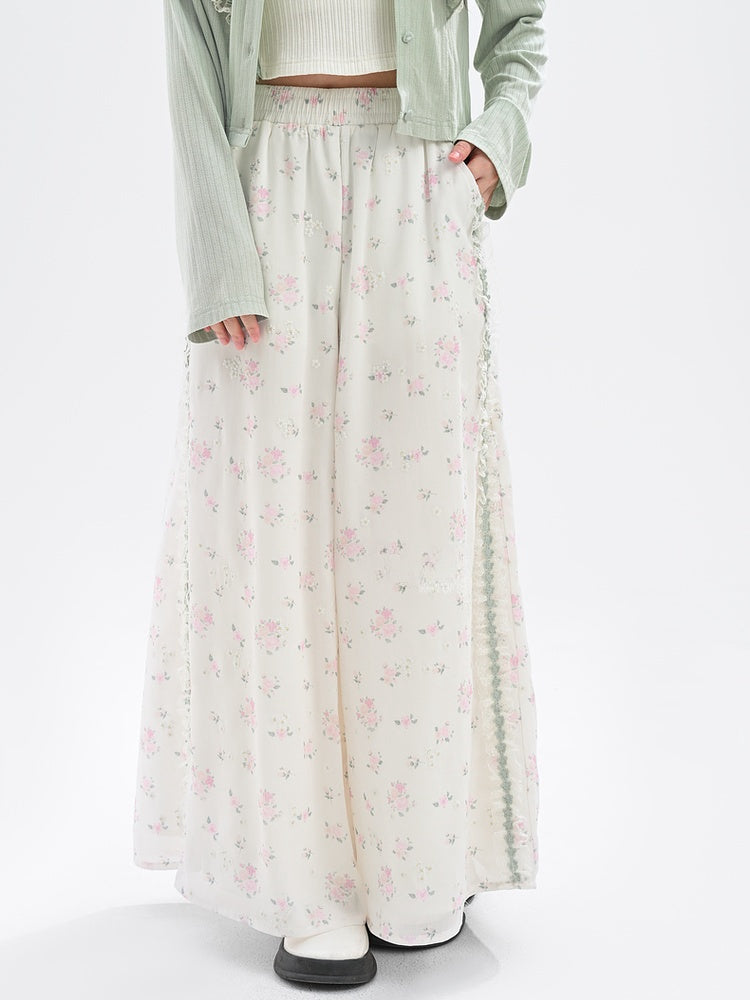 Kurze/normale Hose mit weitem Bein und Spitzenbesatz, geblümt, weiß, elastische Taille, gerüschte Version