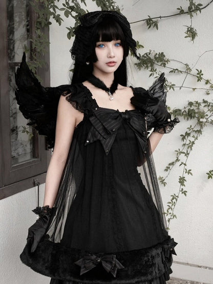 Black Gothic Pearl Bowknot JSK Dress with Plush - Kuroya