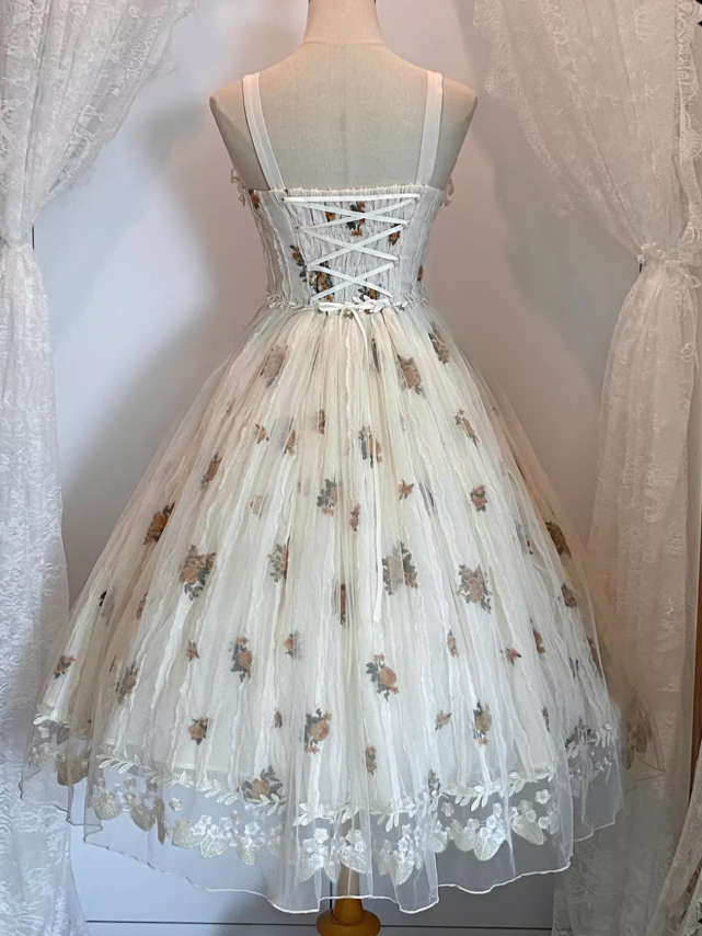 Apricot Floral Embroidered Lace Elegant Classic Lolita JSK Dress With Overlay