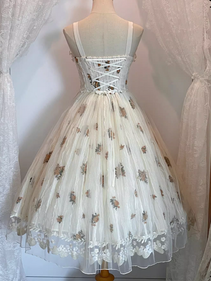 Apricot Floral Embroidered Lace Elegant Classic Lolita JSK Dress With Overlay