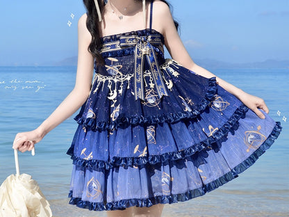 ネイビーブルーの天球儀と星空エンパイアウエストのロリータジャンパースカート