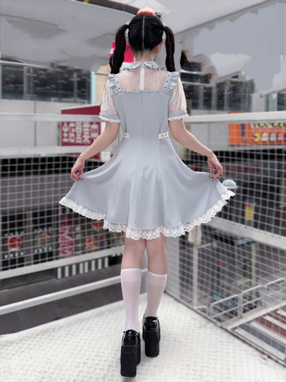 Light Blue Fake Two Piece Lace Patch Short Sleeve Dress - Puppet Bombs
