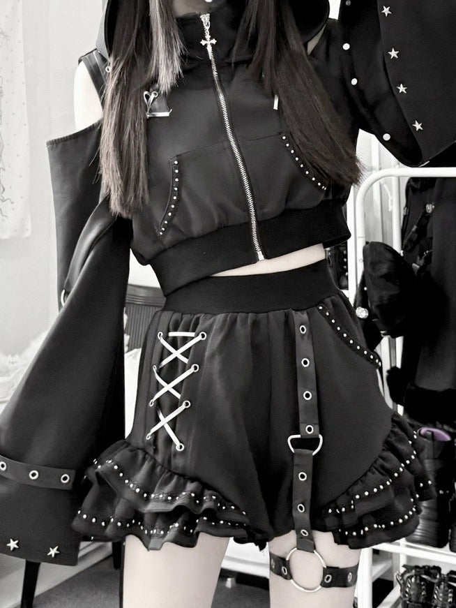 Matte Gothic Jirai-kei Black 2-Piece Set Cat Ear Hooded Cutout Shoulder Top + Shorts with Leg Garter - Bug Starting