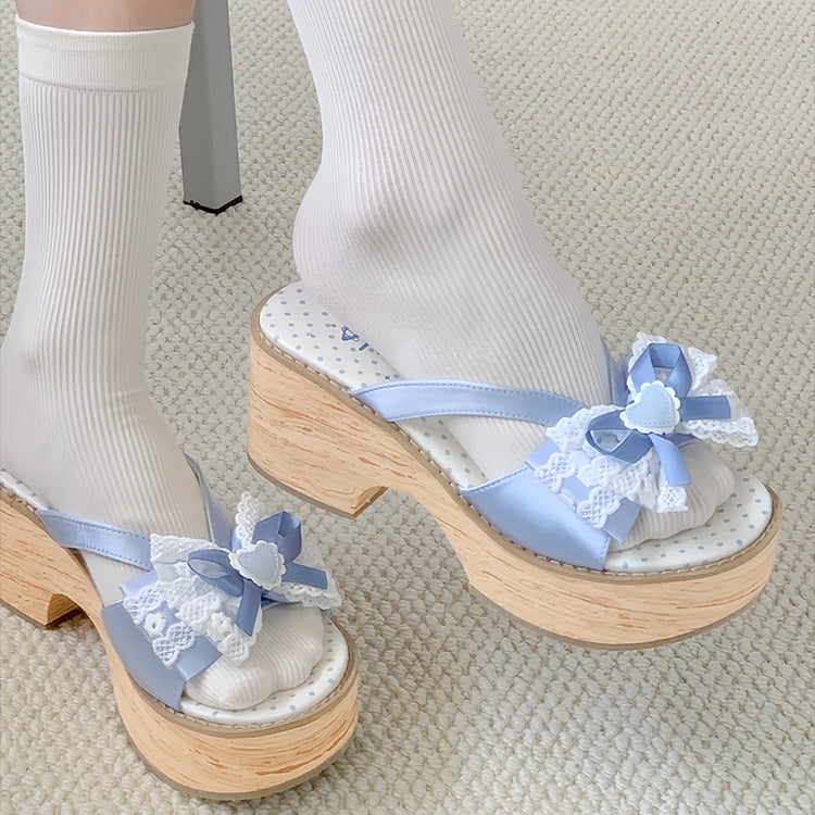 Platform Bow Grain Applique with Sole Decorative Heart Slippers Wood