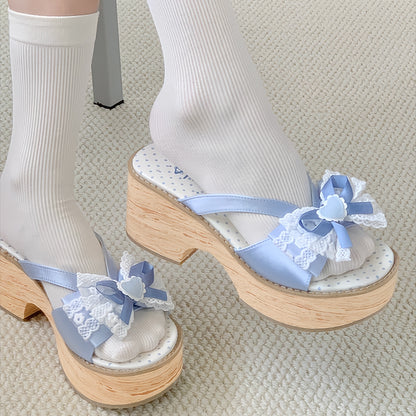 Platform Bow Grain Applique with Sole Decorative Heart Slippers Wood
