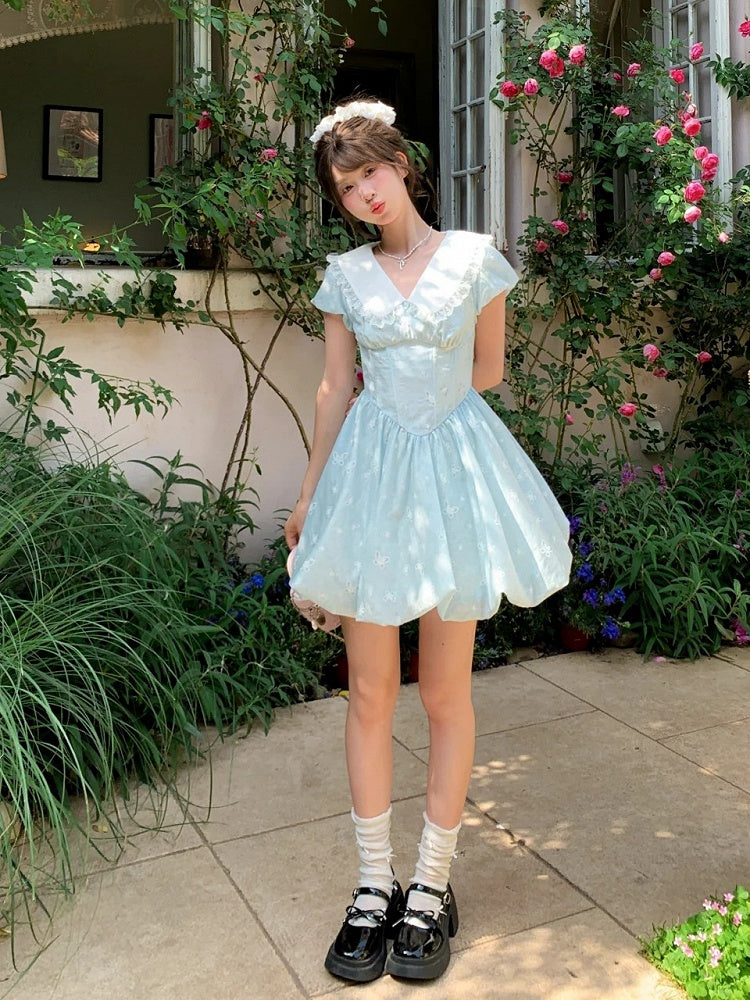 Bubble Blue Peter Pan Kragen Basken-Taille Allover Schmetterling Stickerei Rock Kleid