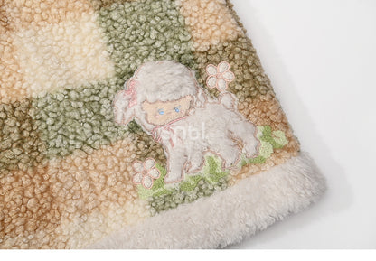 Green Cute Lamb Applique Plaid Fleece Skirt with Pockets
