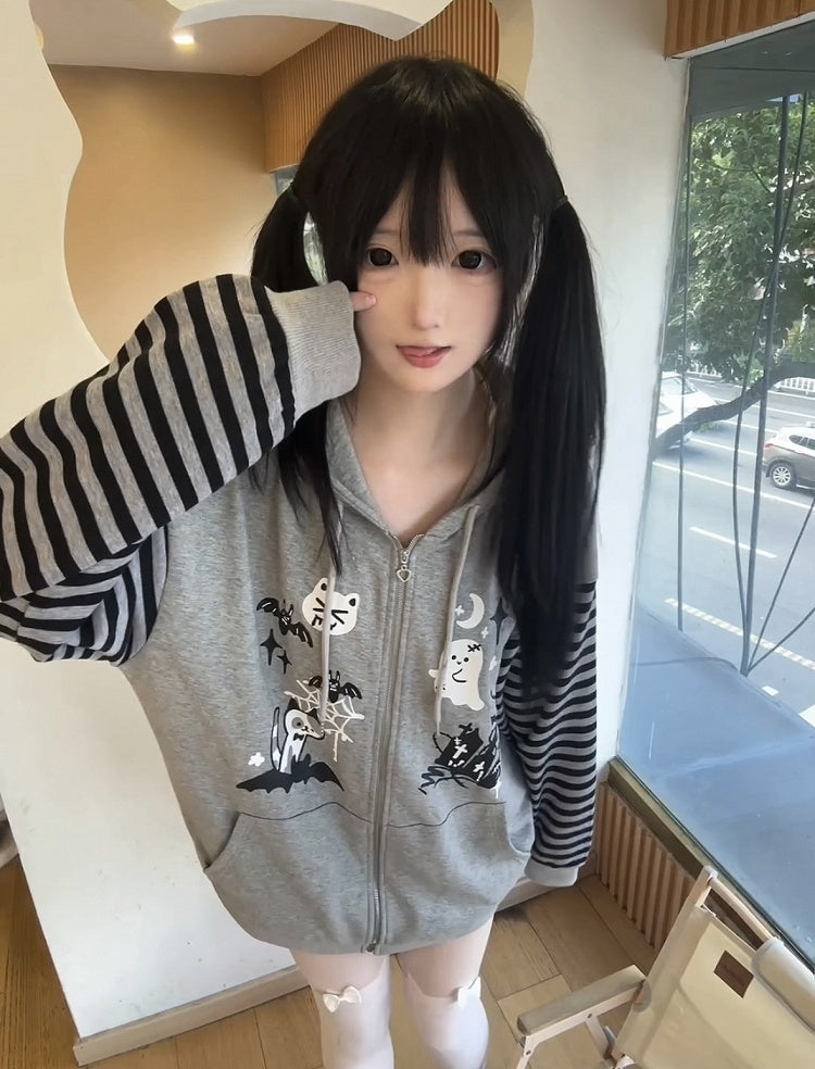 Alt-Culture Halloween-Themed Jacket Print Gray Zip-Up with Hood Cat-Ear