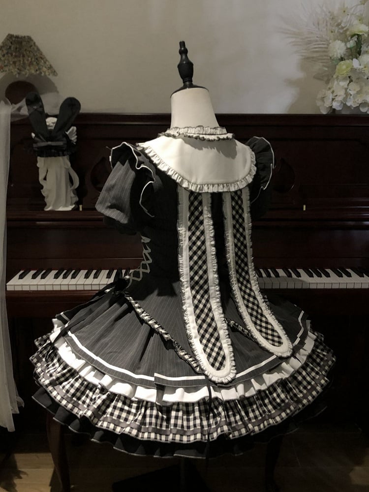 耳付き襟付きストライプドレスダークロリータゴシックバニー半袖グレーバック