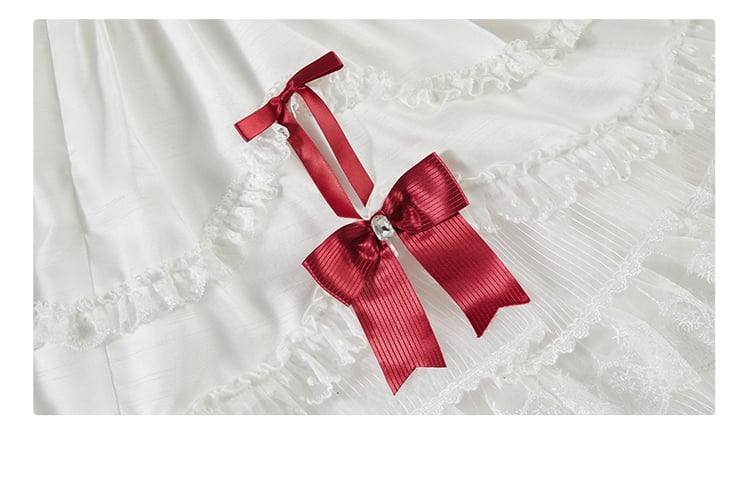 ホワイトストロベリープリンセスレイヤードフリルドレス、取り外し可能なパフスリーブ付きスイートロリータジャンパースカート