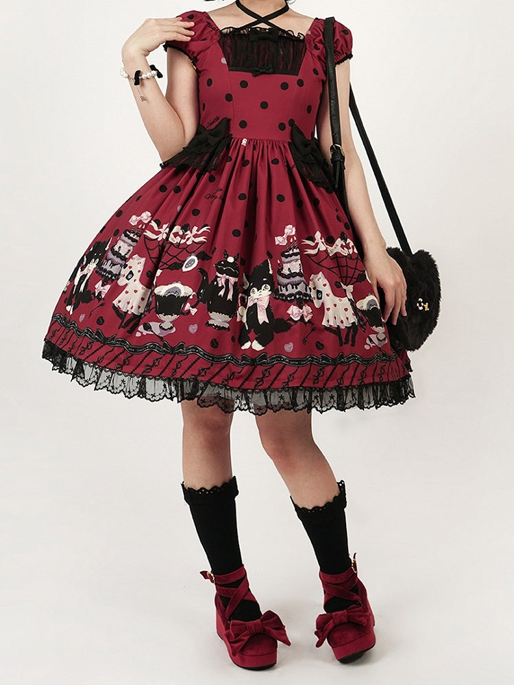 Bow Black Lolita Dot Print with Accents Cat Dress Red Polka Sweet