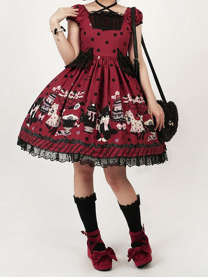 Bow Black Lolita Dot Print with Accents Cat Dress Red Polka Sweet