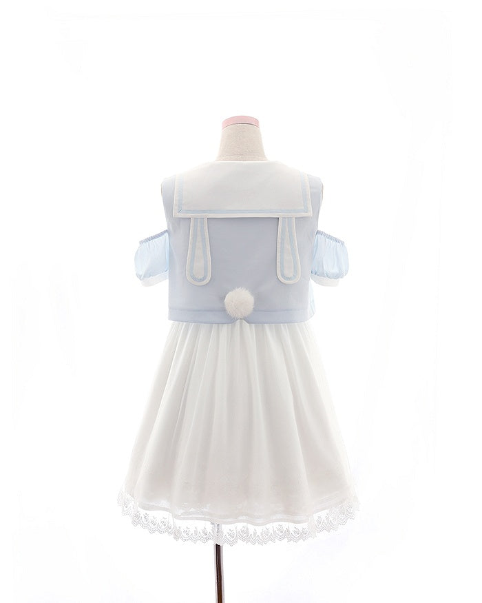 首輪 ピンク/ブルー ウサギの耳としっぽのディテール セーラーシフォンバック