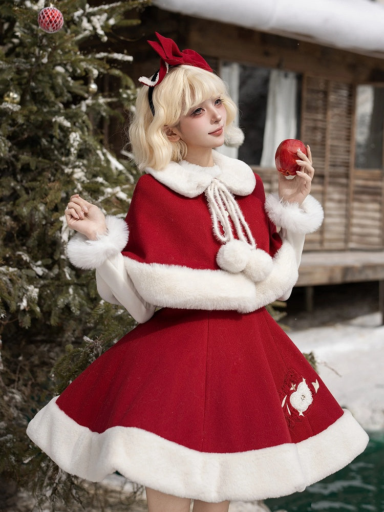 Red Fur Apple with Collar Lolita Cape Buttons Faux Christmas White