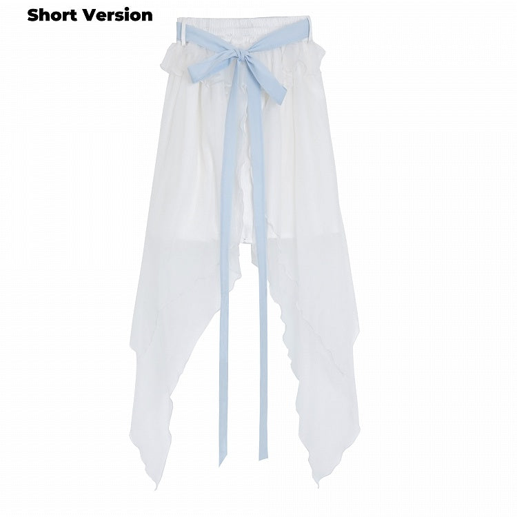 ホワイトのアシンメトリーメッシュヘムスカートバージョン（リボン付き）ショート/ロングセルフタイ