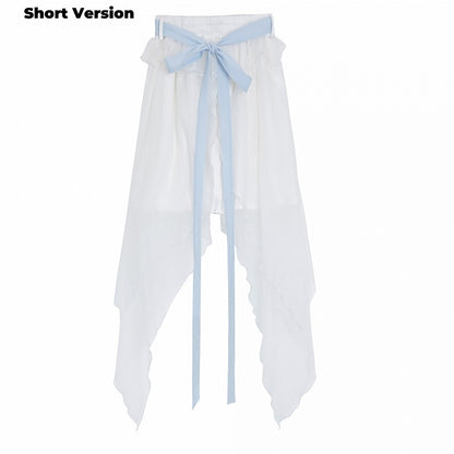 ホワイトのアシンメトリーメッシュヘムスカートバージョン（リボン付き）ショート/ロングセルフタイ