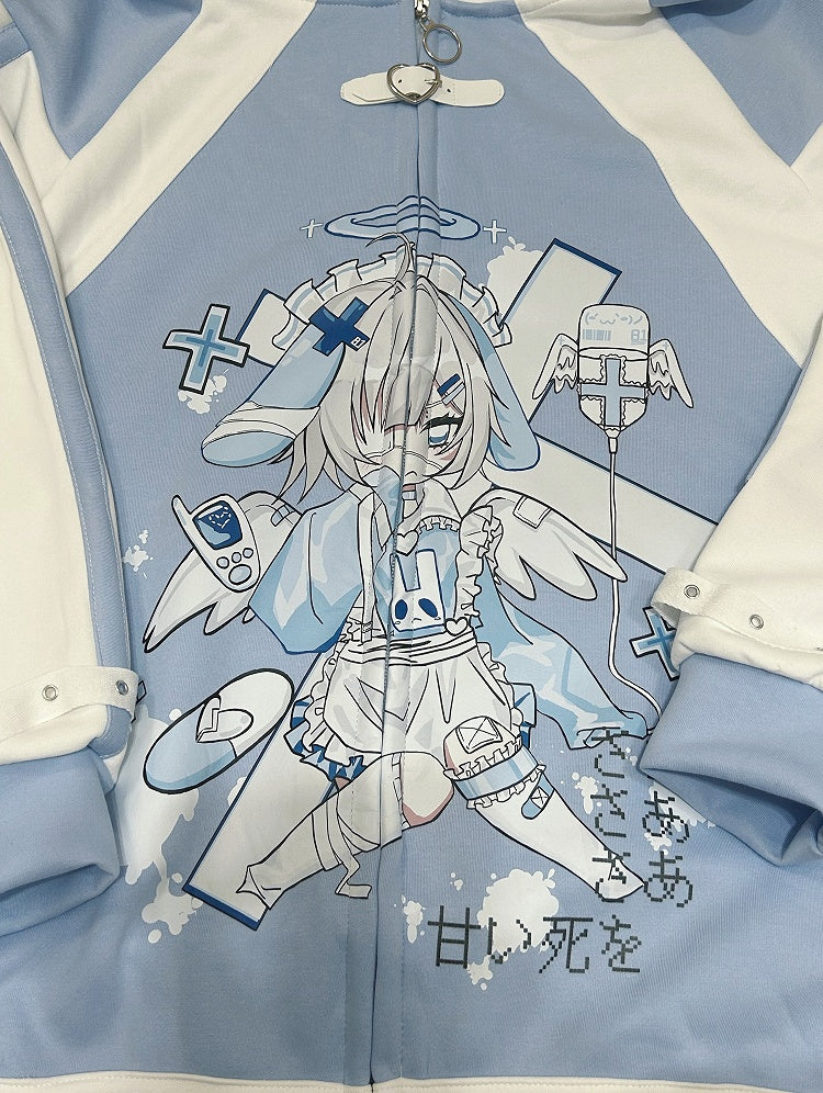 Yami Ear Light Kawaii Print Blue Hooded Tenshi Anime Jacket with Bunny