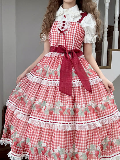 Strawberry Print Red Lolita Picnic Gingham Dress Sweet Lolita Jumper Skirt