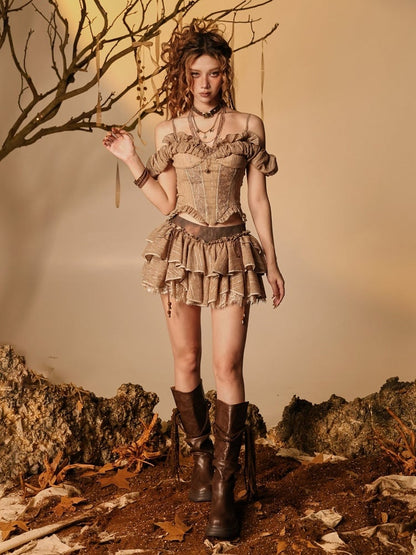 Brown Chiffon Ruffle Skirt with Lace and Shorts - Virtual Orbit