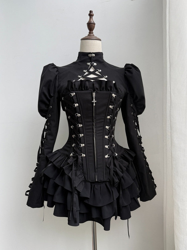 Lace-Up Boned Corset Top with Ruffle Accents - Moonveil Manuscript