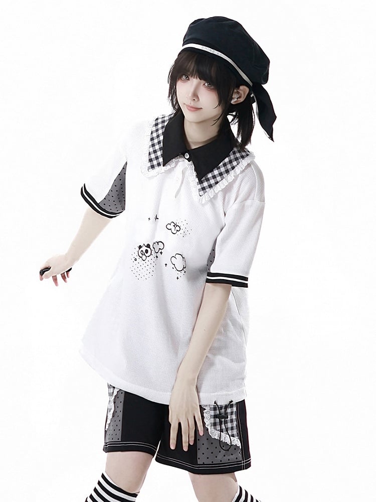Layered T-shirt Waffle Polo Collar Print Panda Double Graffiti White