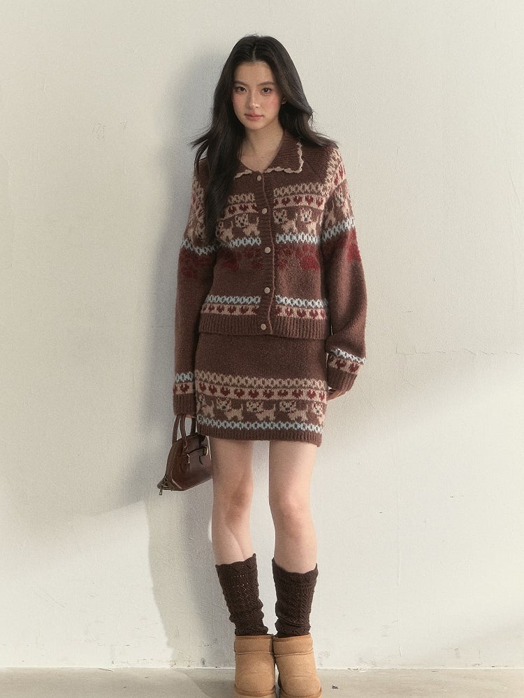 Brown Knit Dog Pattern Vintage Skirt with