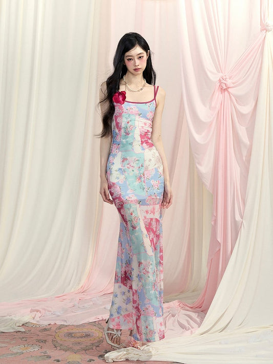 Slip Kleid Meerjungfrau Rock Druck Rückenfrei Blau Ölgemälde Blumen