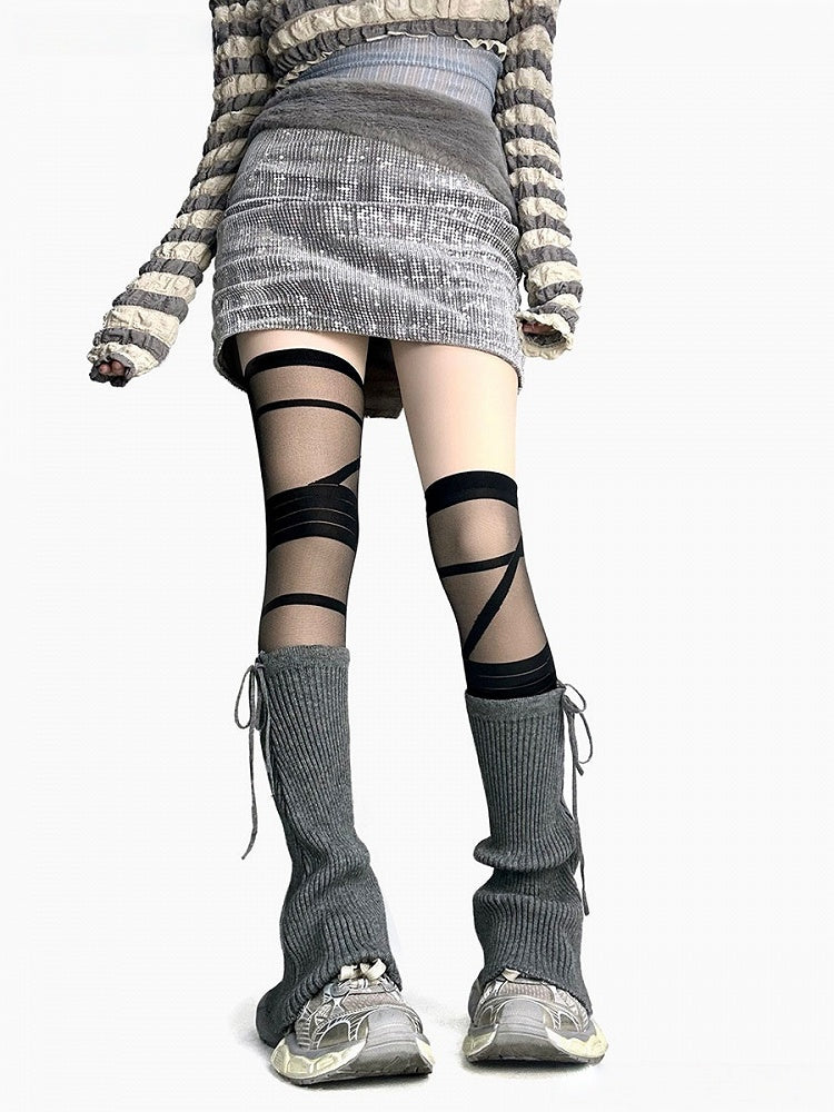 Black/White/Gray Knitted Warmers Flared Leg Strappy
