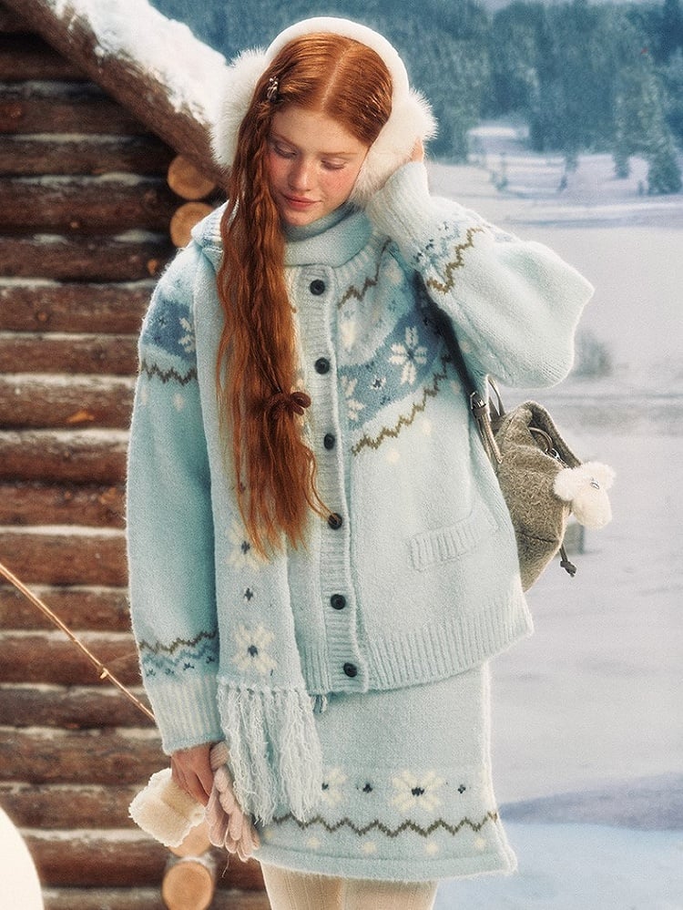 Light with Knit Edging Hooded Fringe Tassel Scarf Snowflake Blue