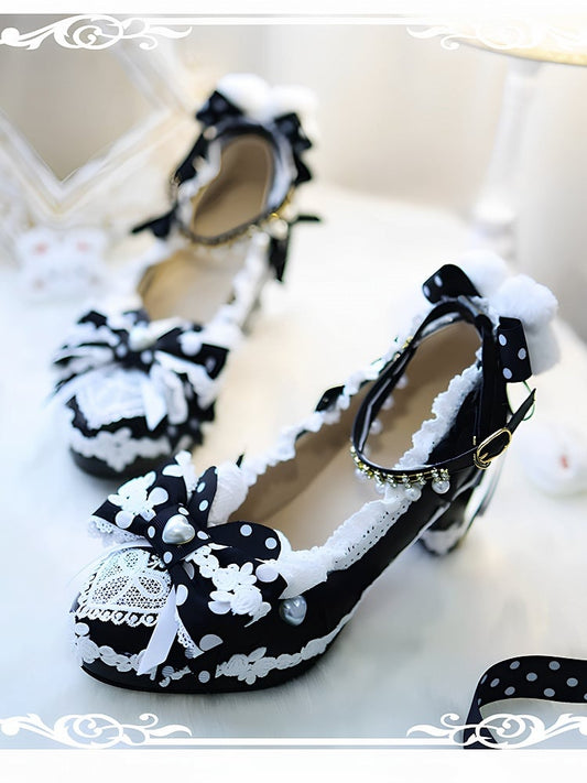 Block Black Lolita Decorated Bunny Bow Plush Shoes 8CM Sweet at Top Heels