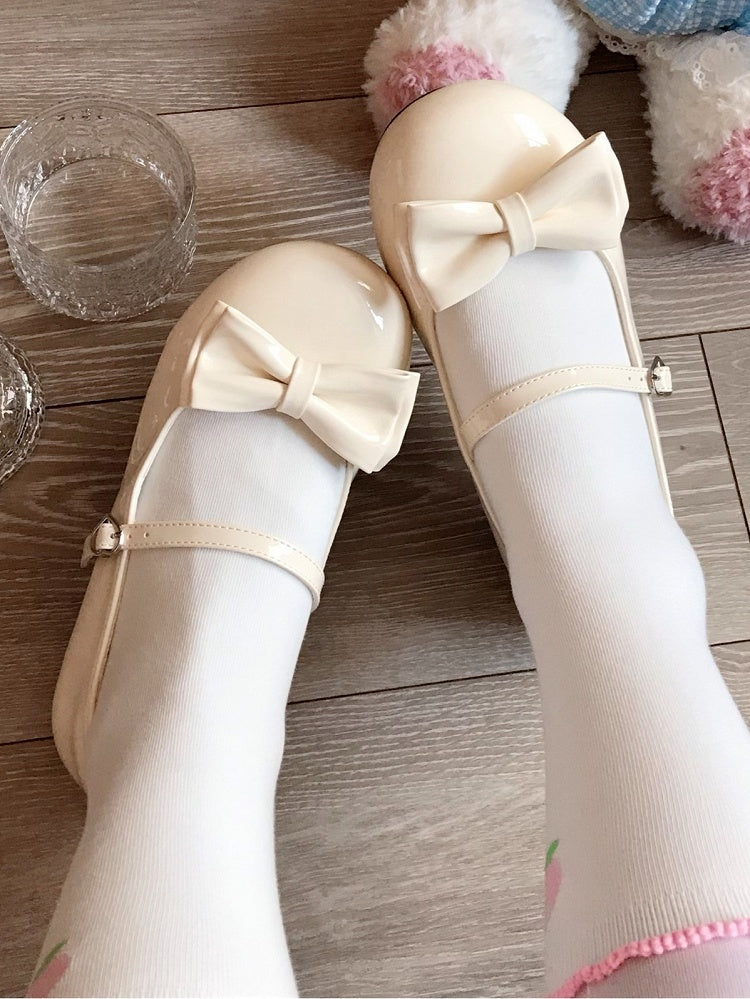 Leather Sweet Round Yellow Heels Buckle Lolita Toe Low in Bow Heart-shaped Accent PU Detachable