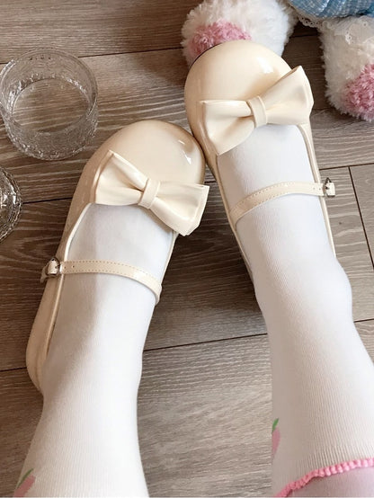 Leather Sweet Round Yellow Heels Buckle Lolita Toe Low in Bow Heart-shaped Accent PU Detachable
