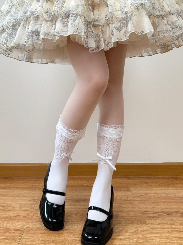 Lolita Calf Socks in White & Milk White with Lace Trim & Bow Accent - Fat Bear Story
