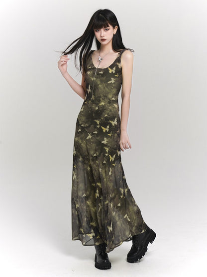 Tie-Strap Adjustable Print with Slip Green Butterfly Dress Ankle-Length Gothic