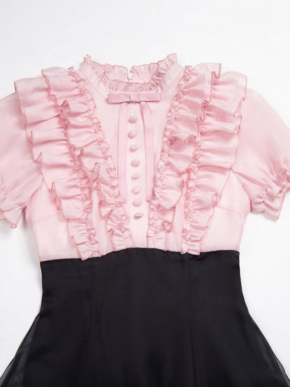 Pink Ruffled Blouse & Black Long Skirt Fake Two Pieces Lolita Dress - With PUJI