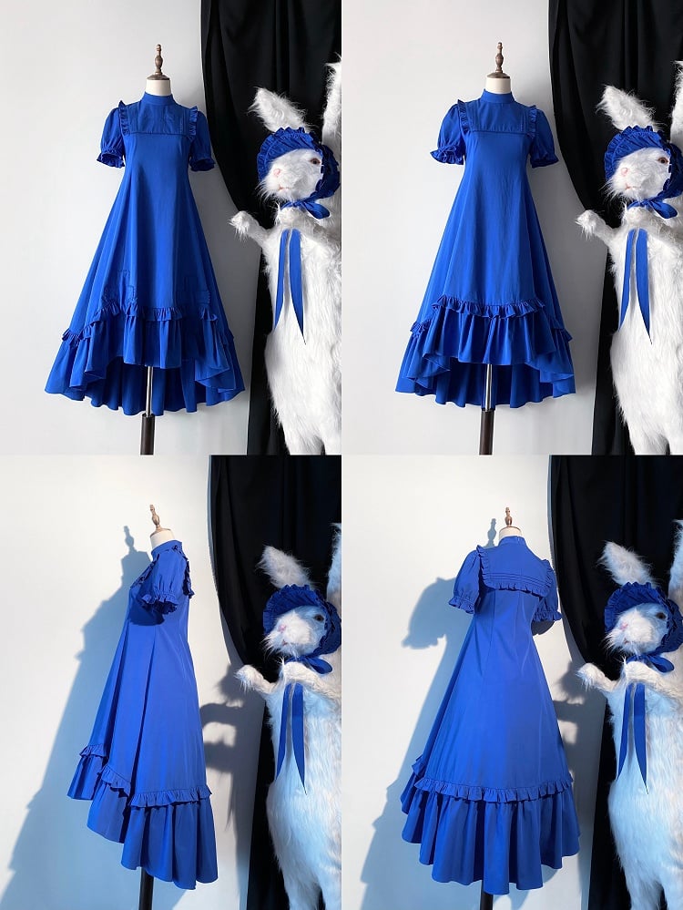 Klein Blue Gothic Lolita High-Low Ruffled Dress with Cross Patches - Blossom Herald