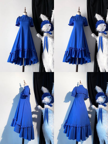 Klein Blue Gothic Lolita High-Low Ruffled Dress with Cross Patches - Blossom Herald