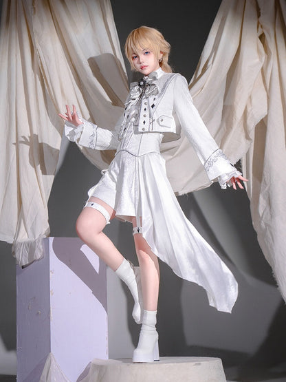 Silver & White Cross Embroidery Asymmetric Jacquard High Waist Shorts with Side Train - Unknown Star