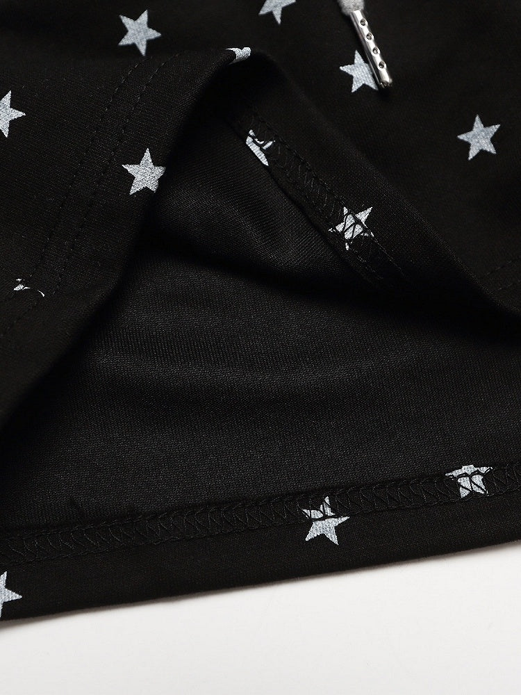 Drawstring Shorts with Star Print & Striped Waistband in Black - Languid Park