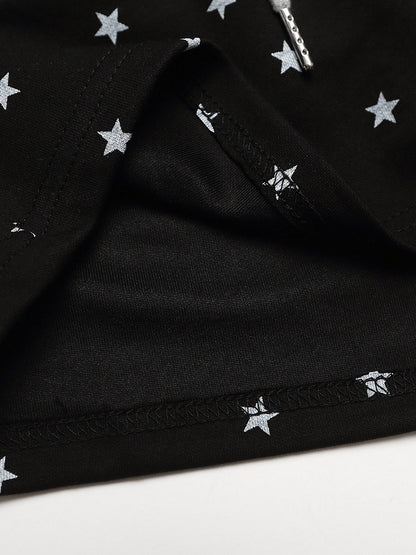 Drawstring Shorts with Star Print & Striped Waistband in Black - Languid Park