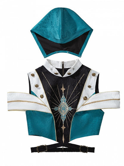 Prince Style Teal Cutout Hooded Lolita Crop Top with Metal Buttons - Xiong Dou Jiang
